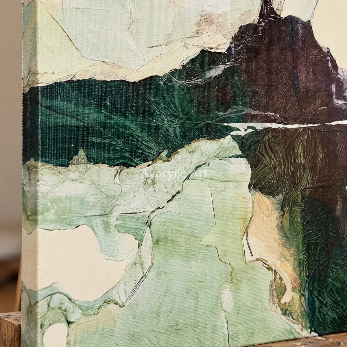 Ivory Painted Gesture: Green Mineral Abstract — detail easel