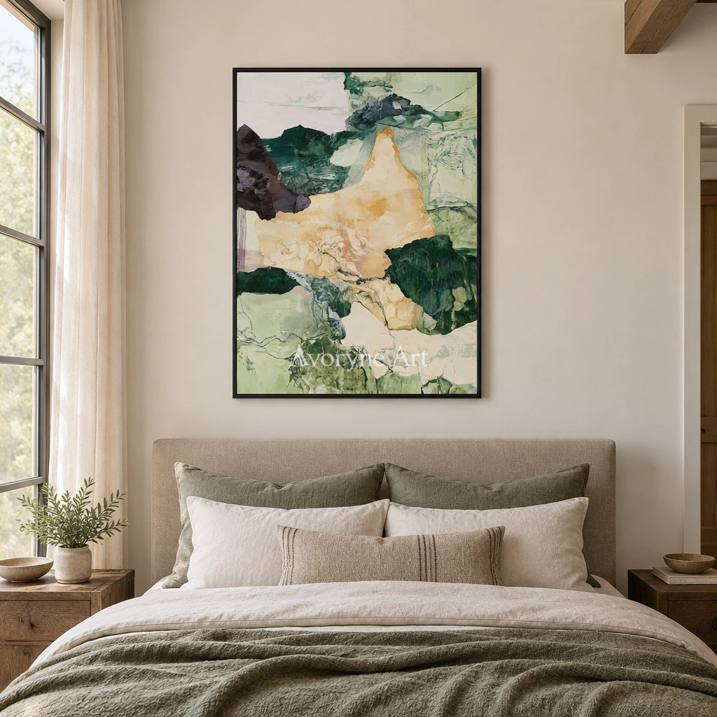 Ivory Painted Memory: Green Mineral Abstract — bedroom black