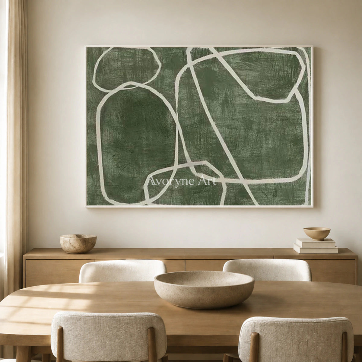 Verdant Loops: Green Minimalist Abstract Wall Art — dining white
