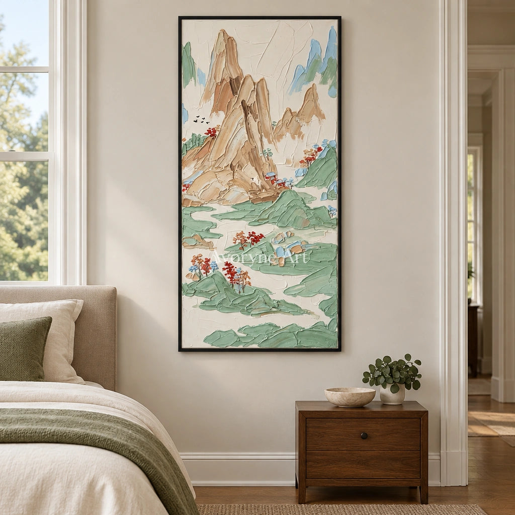 Restful Prelude green mountain wall art with a black frame above a bed in a bedroom