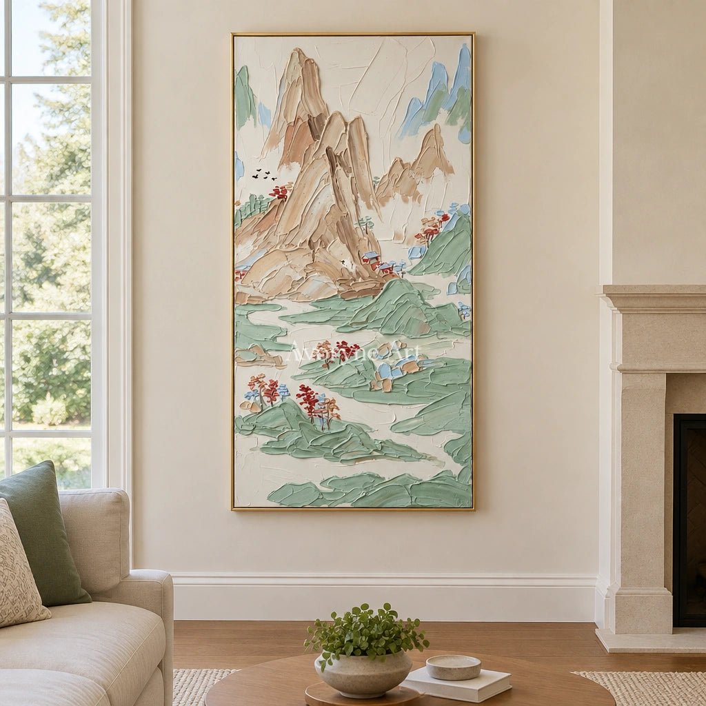 Restful Prelude green mountain wall art with a gold frame hanging in a living room