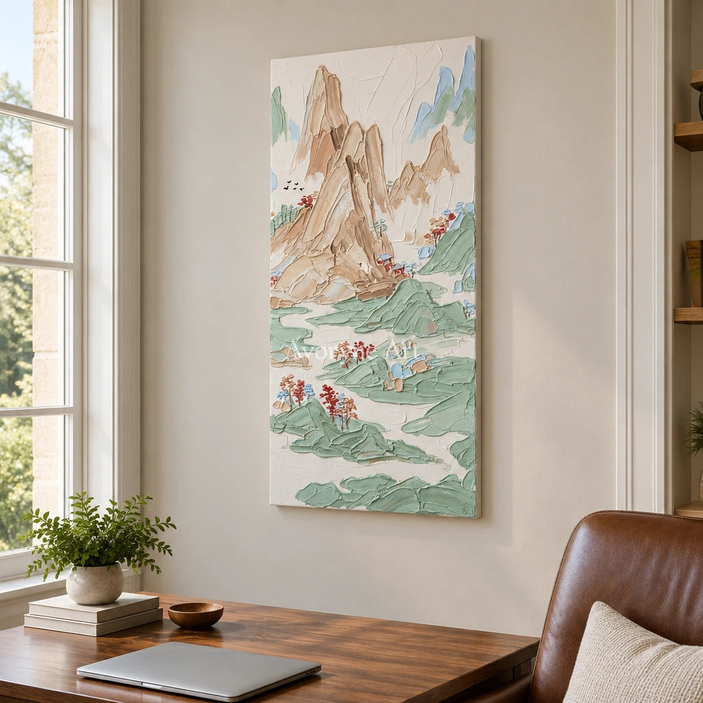 Restful Prelude green mountain wall art as a frameless stretched canvas in a home office