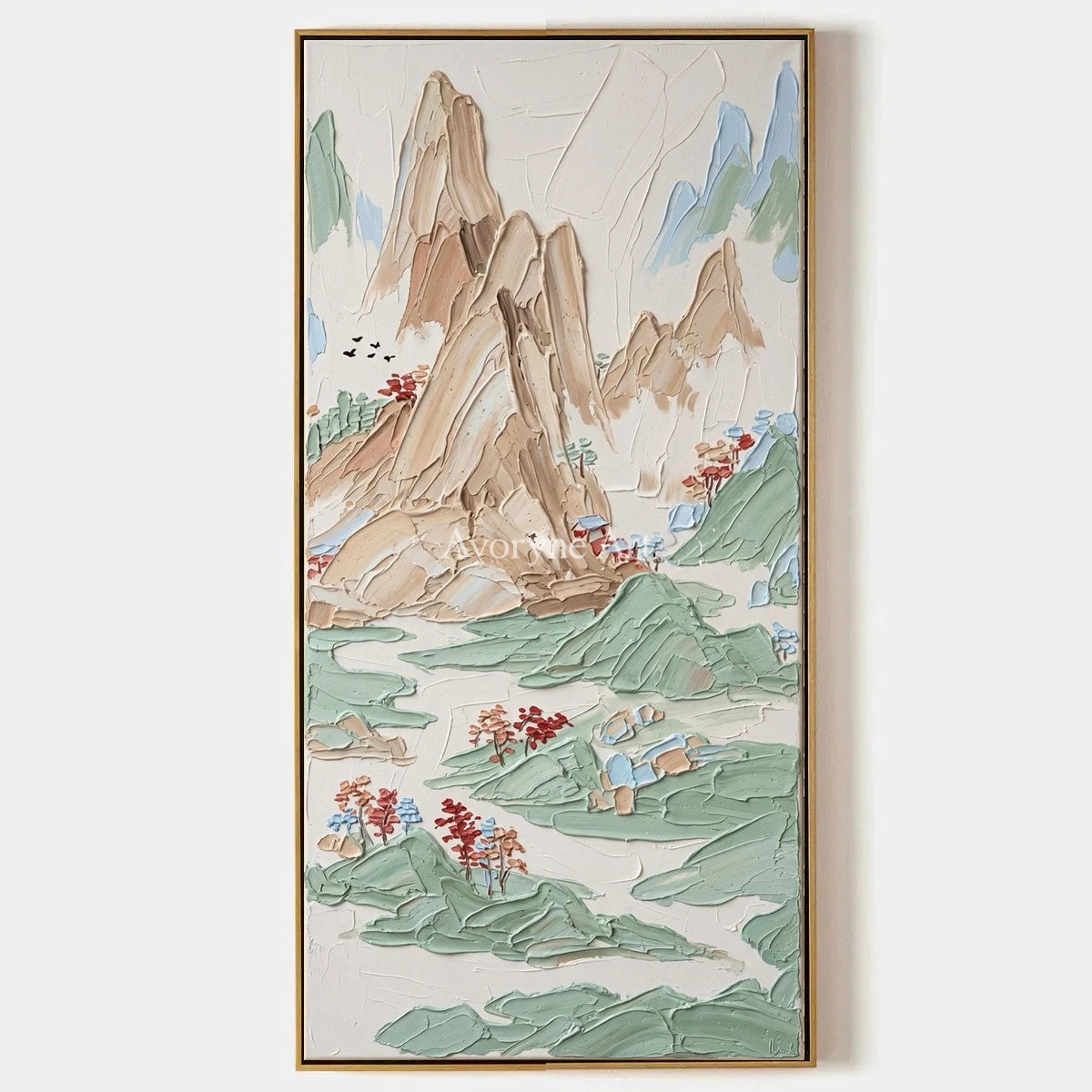 Restful Prelude, hand-painted green mountain wall art by Renji Aoki