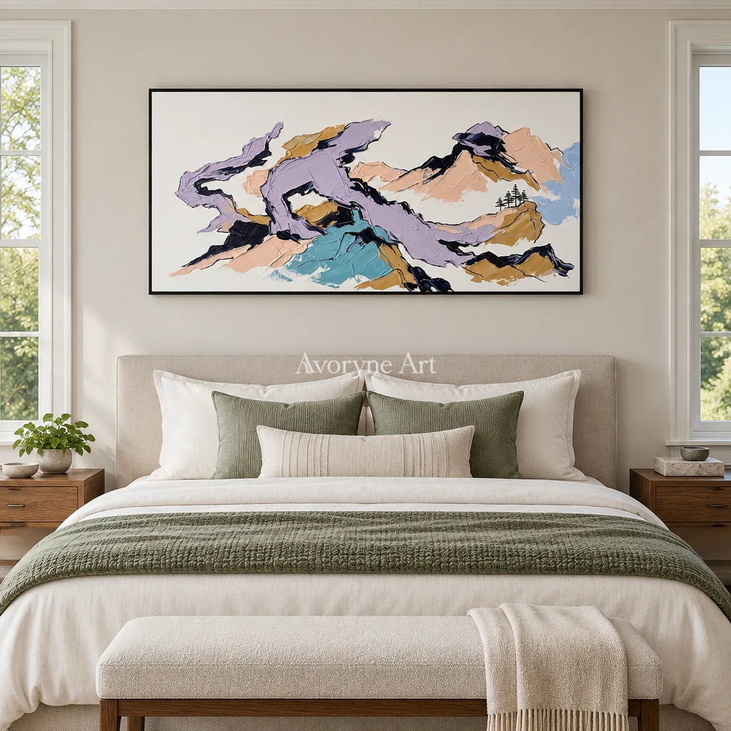 Restful Story green mountain wall art with a black frame above a bed in a bedroom