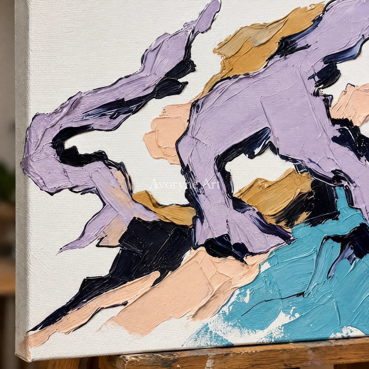 Close-up of the hand-painted texture of Restful Story green mountain wall art on an easel