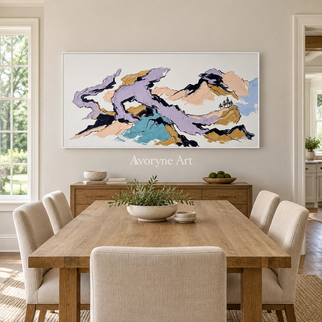 Restful Story green mountain wall art with a white frame in a dining room