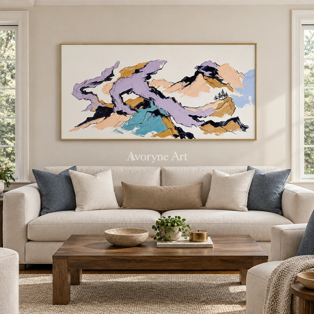 Restful Story green mountain wall art with a gold frame hanging in a living room