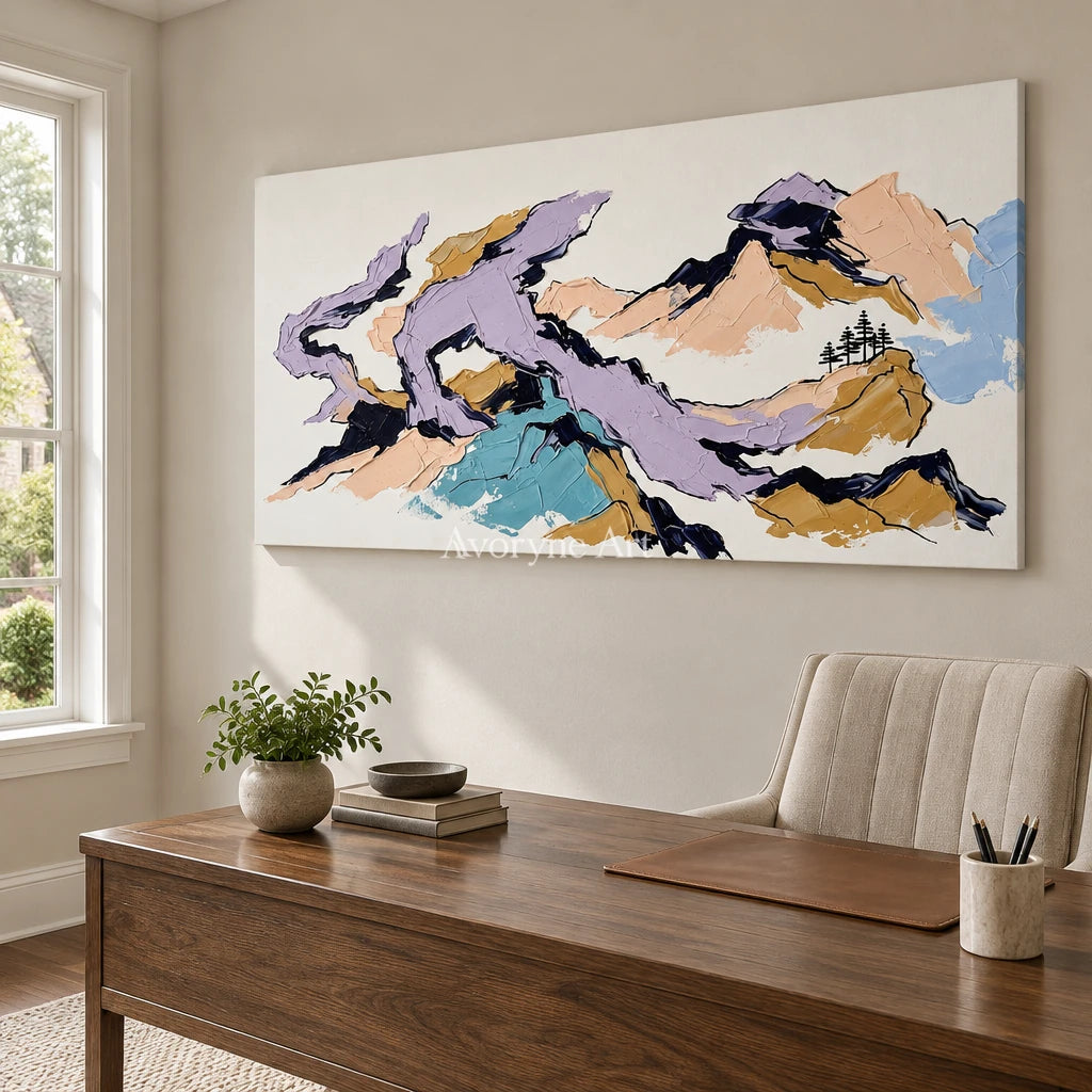 Restful Story green mountain wall art as a frameless stretched canvas in a home office