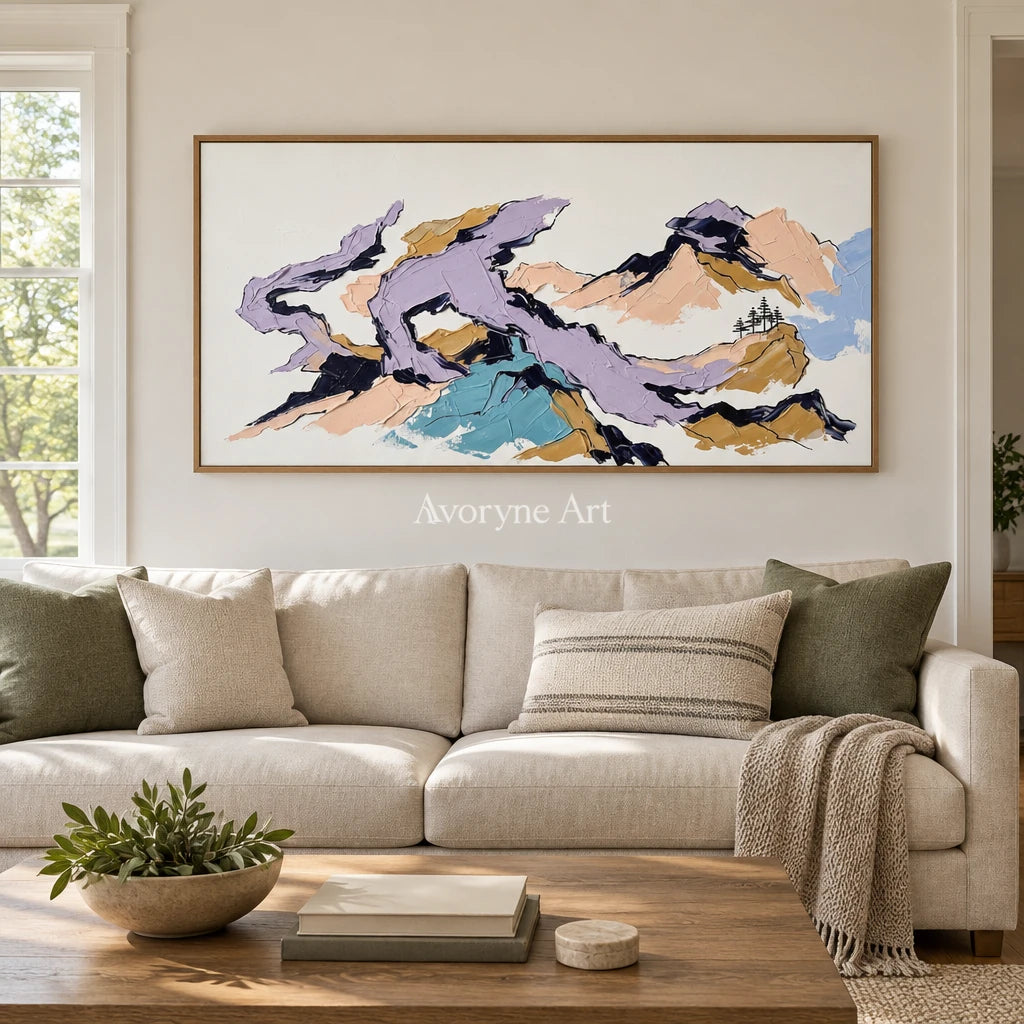Restful Story green mountain wall art with a wood frame in a villa living space