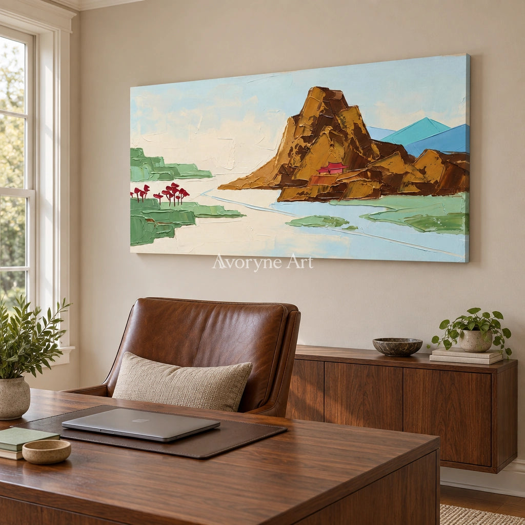 Restful Vista green mountain wall art as a frameless stretched canvas in a home office