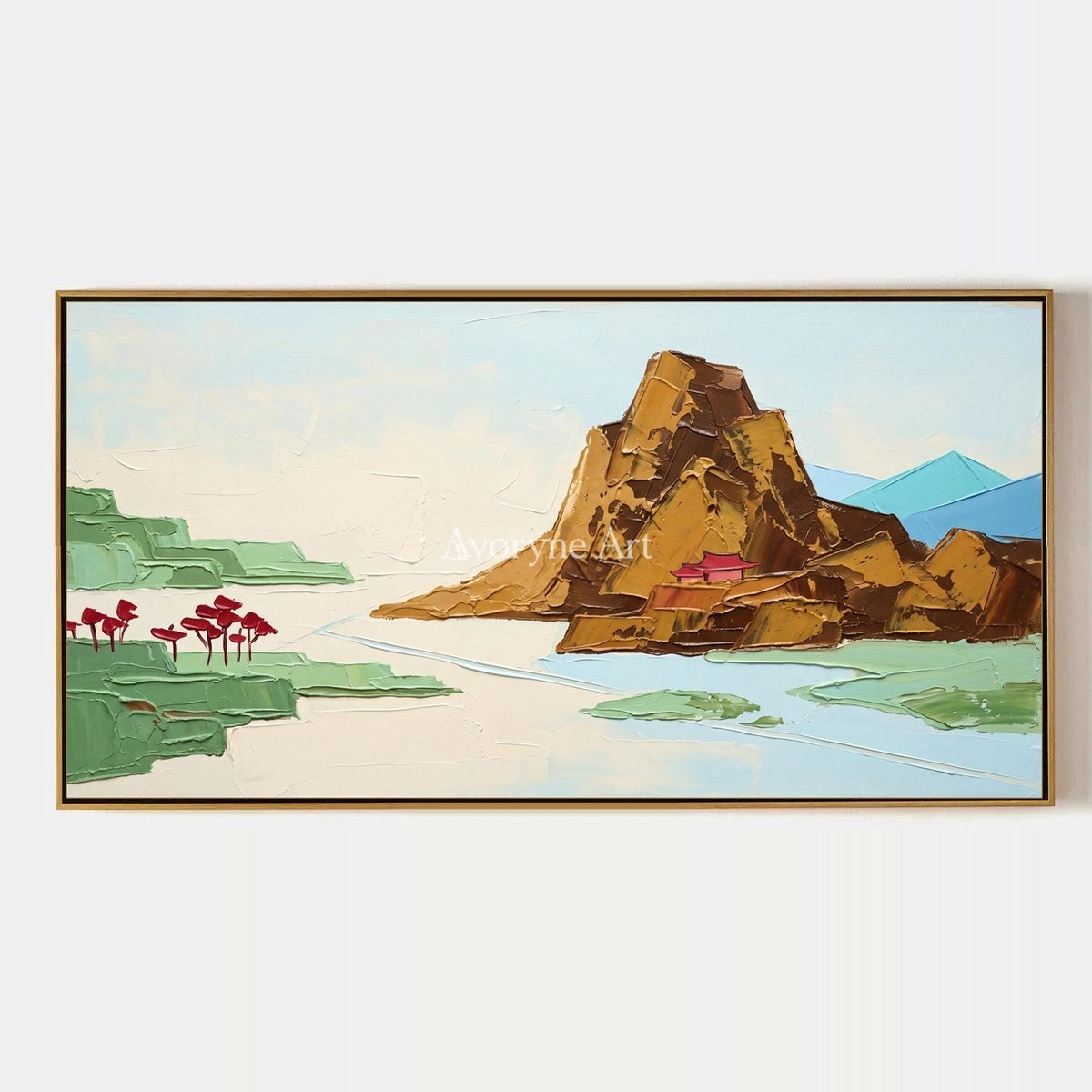 Restful Vista, hand-painted green mountain wall art by Renji Aoki