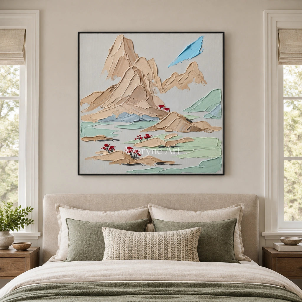 Restful Current green mountain wall art with a black frame above a bed in a bedroom