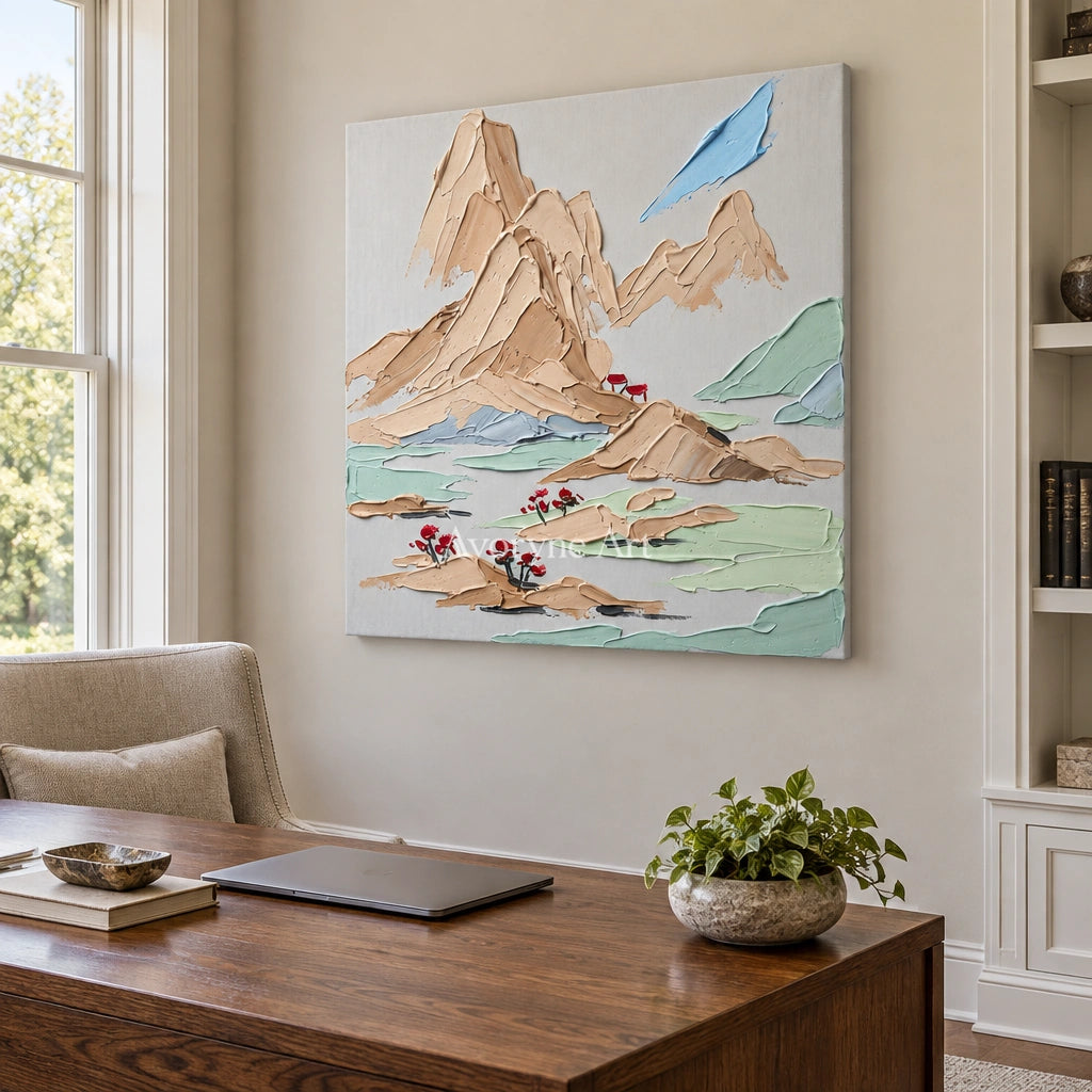 Restful Current green mountain wall art as a frameless stretched canvas in a home office