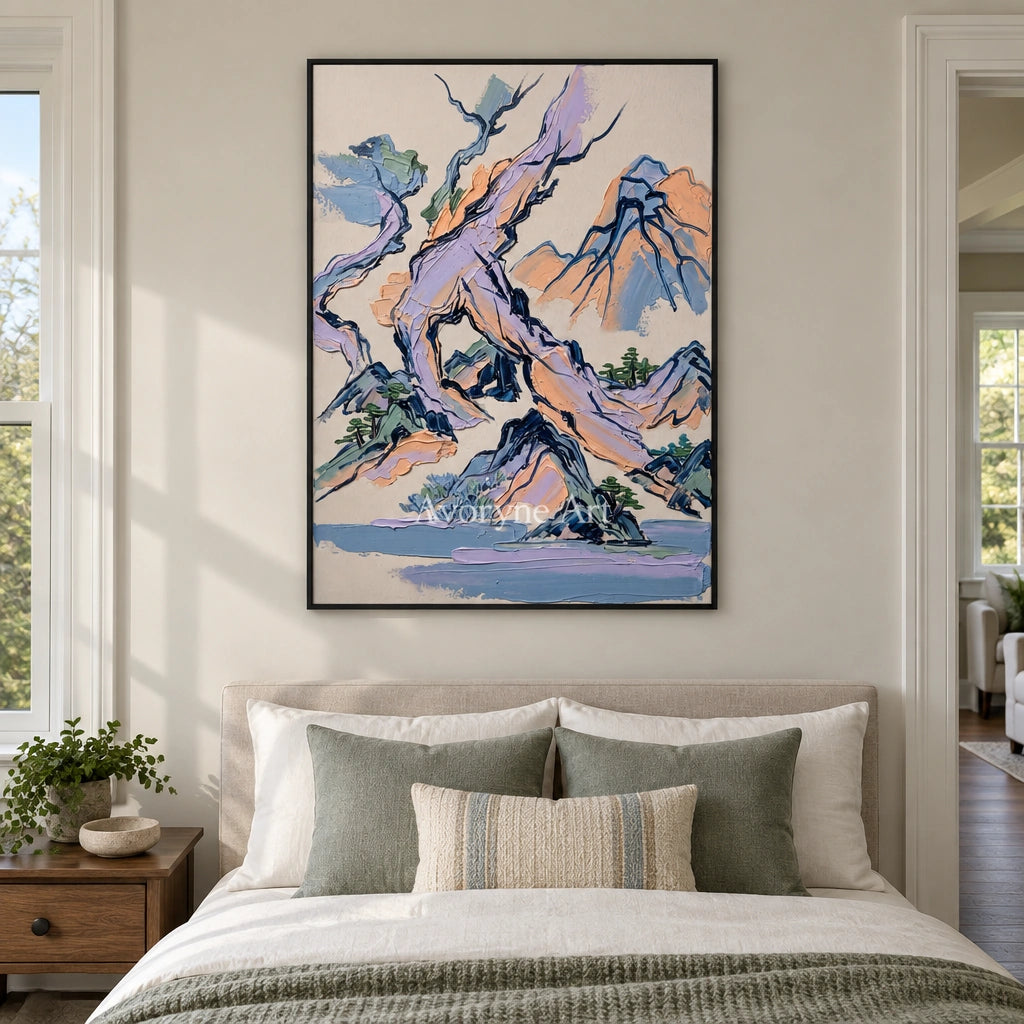 Restful Solace green mountain wall art with a black frame above a bed in a bedroom