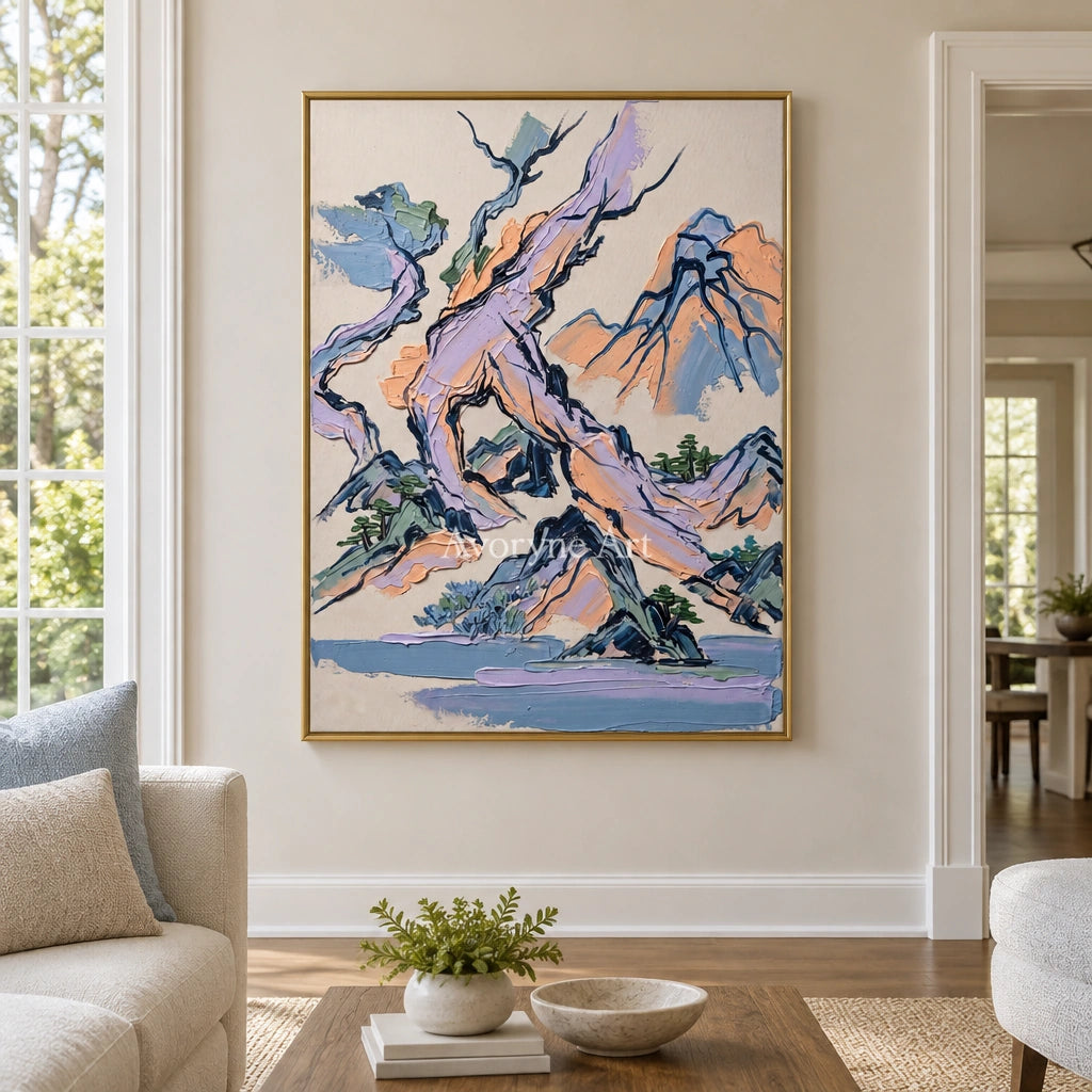 Restful Solace green mountain wall art with a gold frame hanging in a living room
