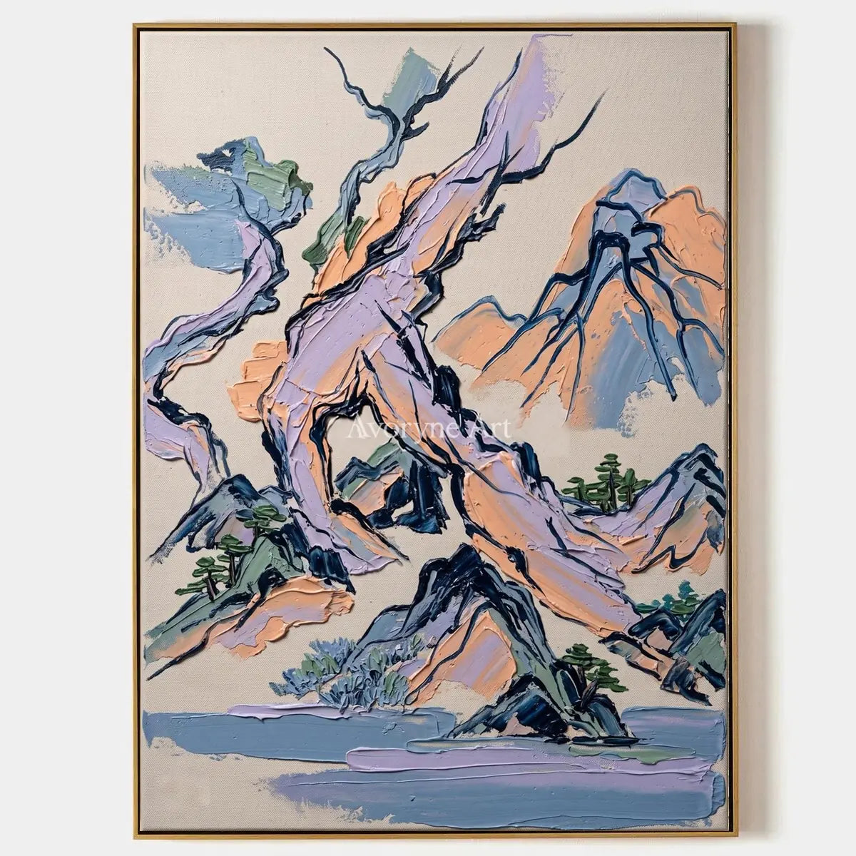 Restful Solace, hand-painted green mountain wall art by Renji Aoki