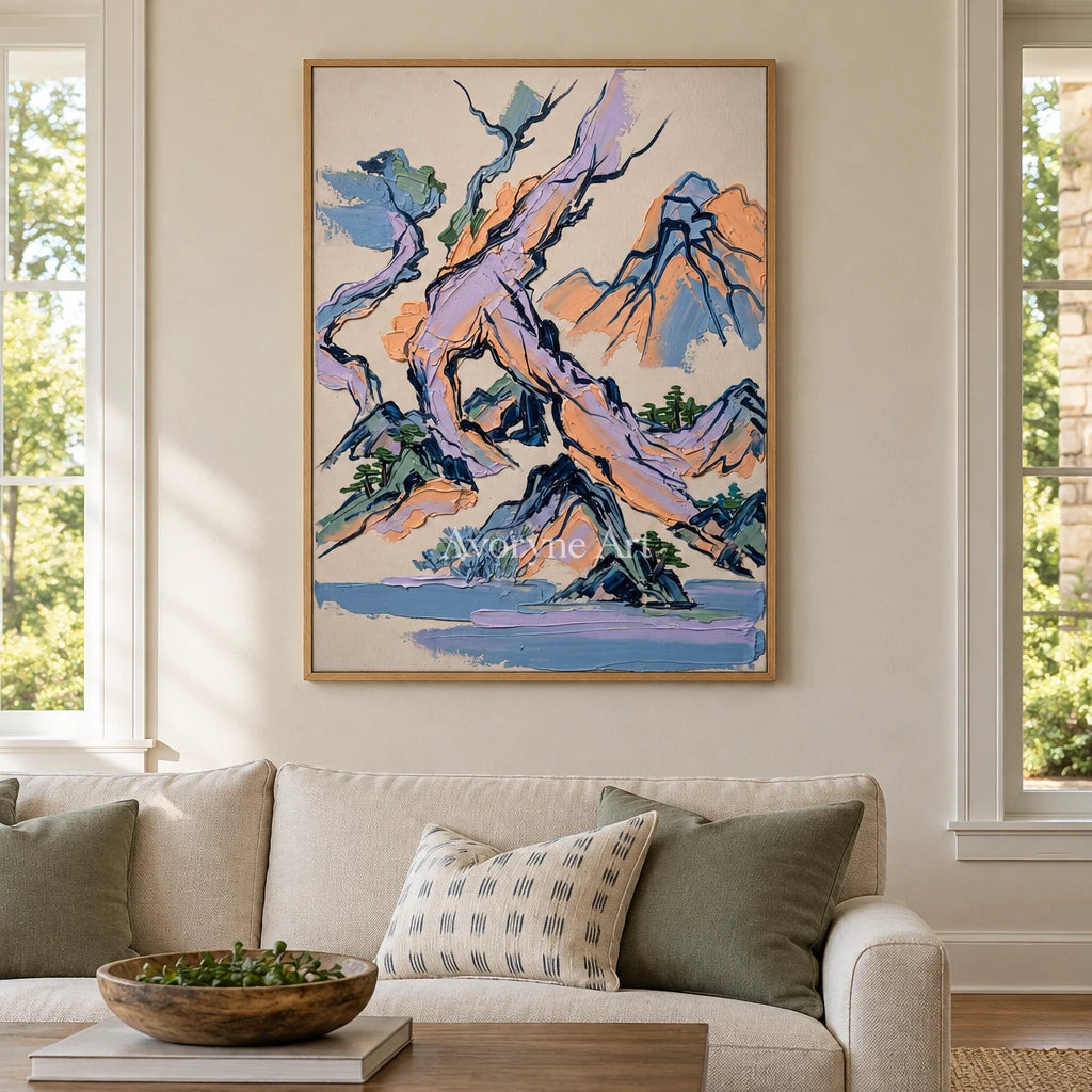 Restful Solace green mountain wall art with a wood frame in a villa living space