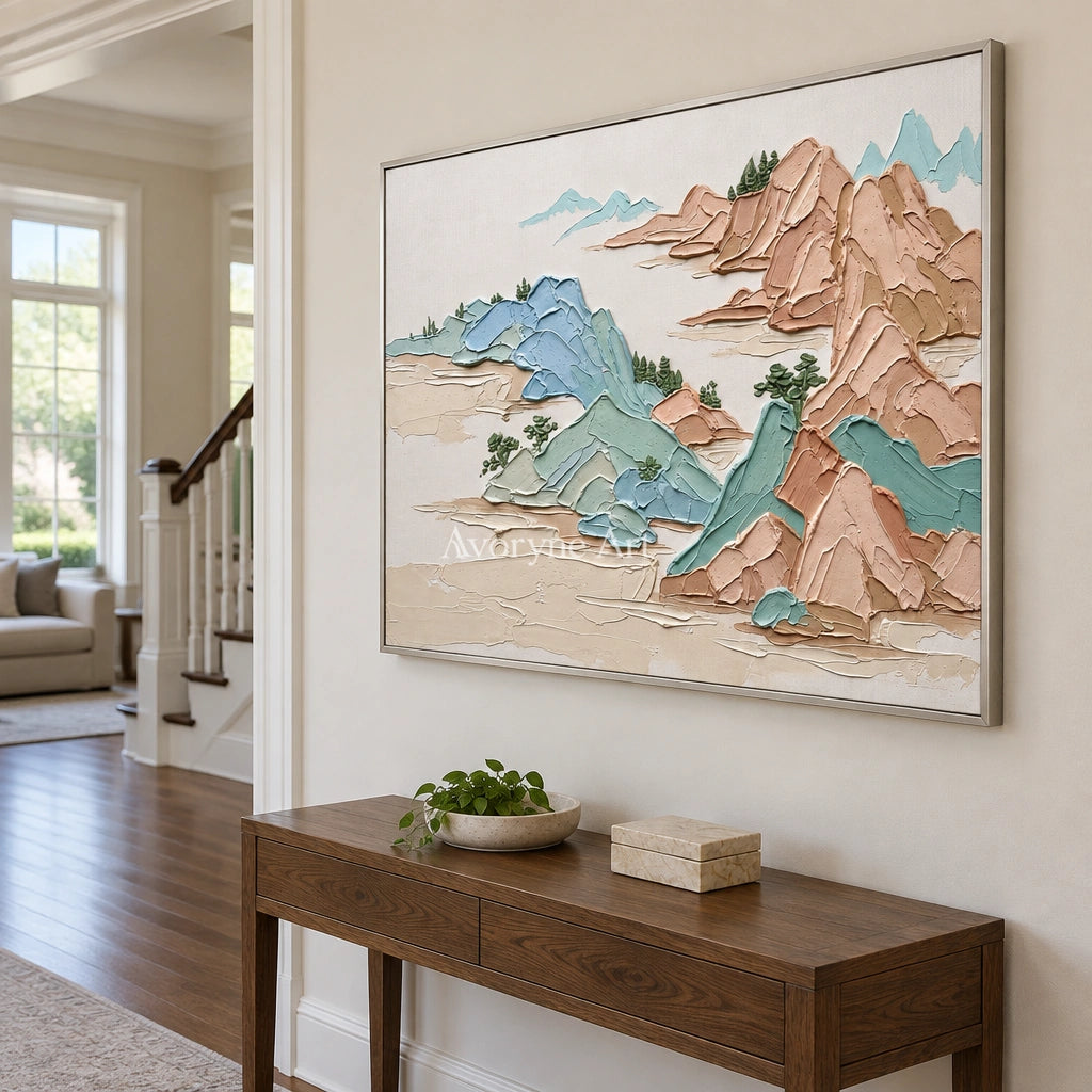 Restful Reverberation green mountain wall art with a silver frame in an entryway