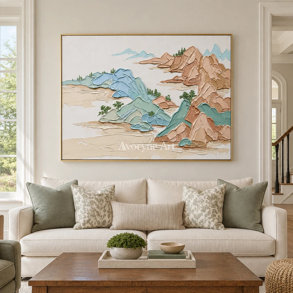 Restful Reverberation green mountain wall art with a gold frame hanging in a living room