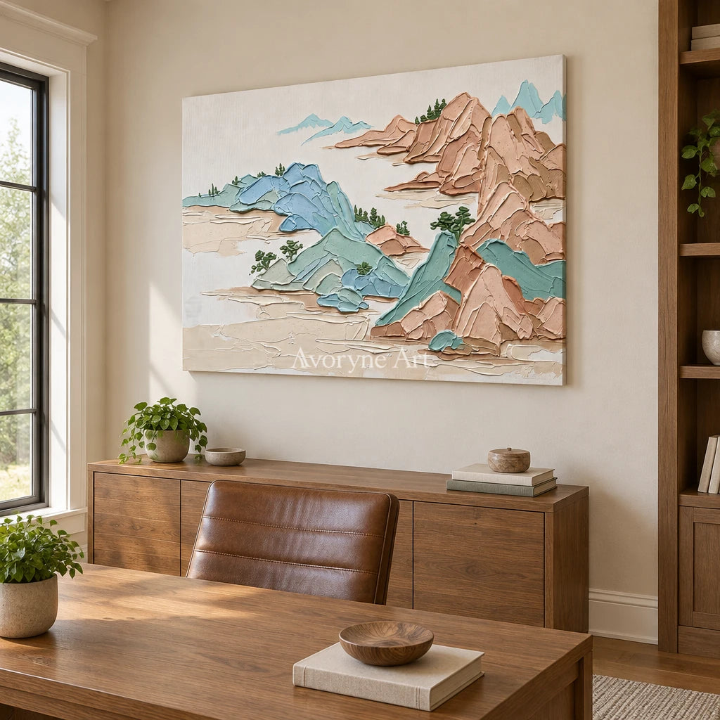 Restful Reverberation green mountain wall art as a frameless stretched canvas in a home office