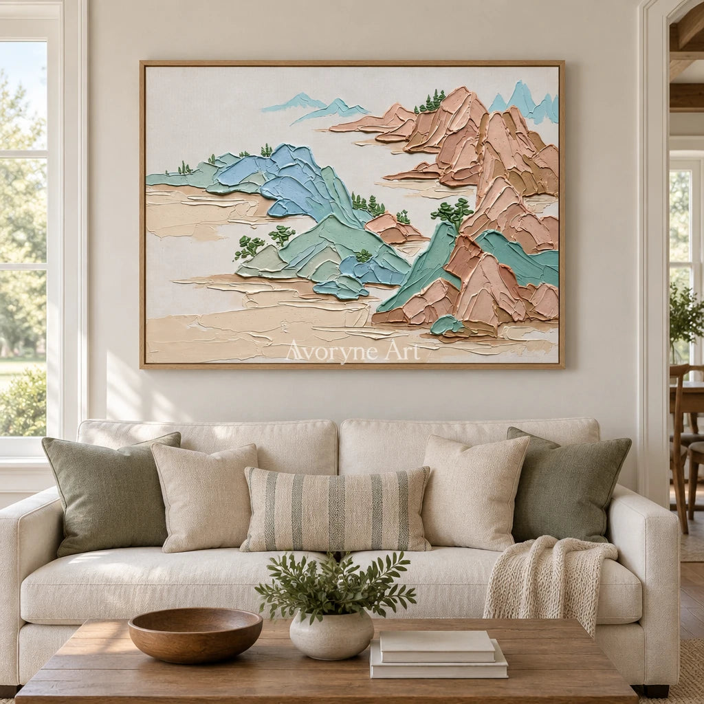 Restful Reverberation green mountain wall art with a wood frame in a villa living space