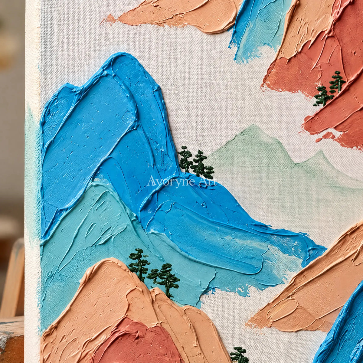 Close-up of the hand-painted texture of Restful Dialogue green mountain wall art on an easel