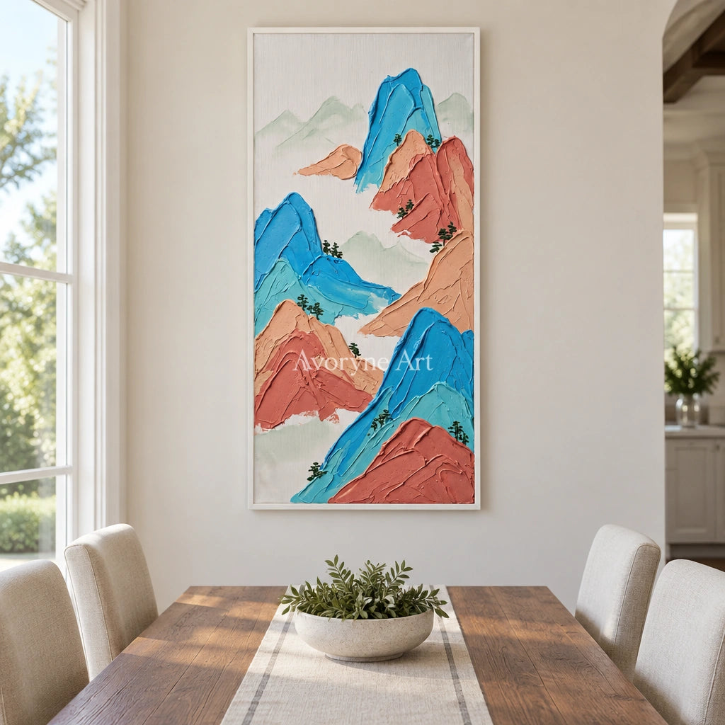 Restful Dialogue green mountain wall art with a white frame in a dining room