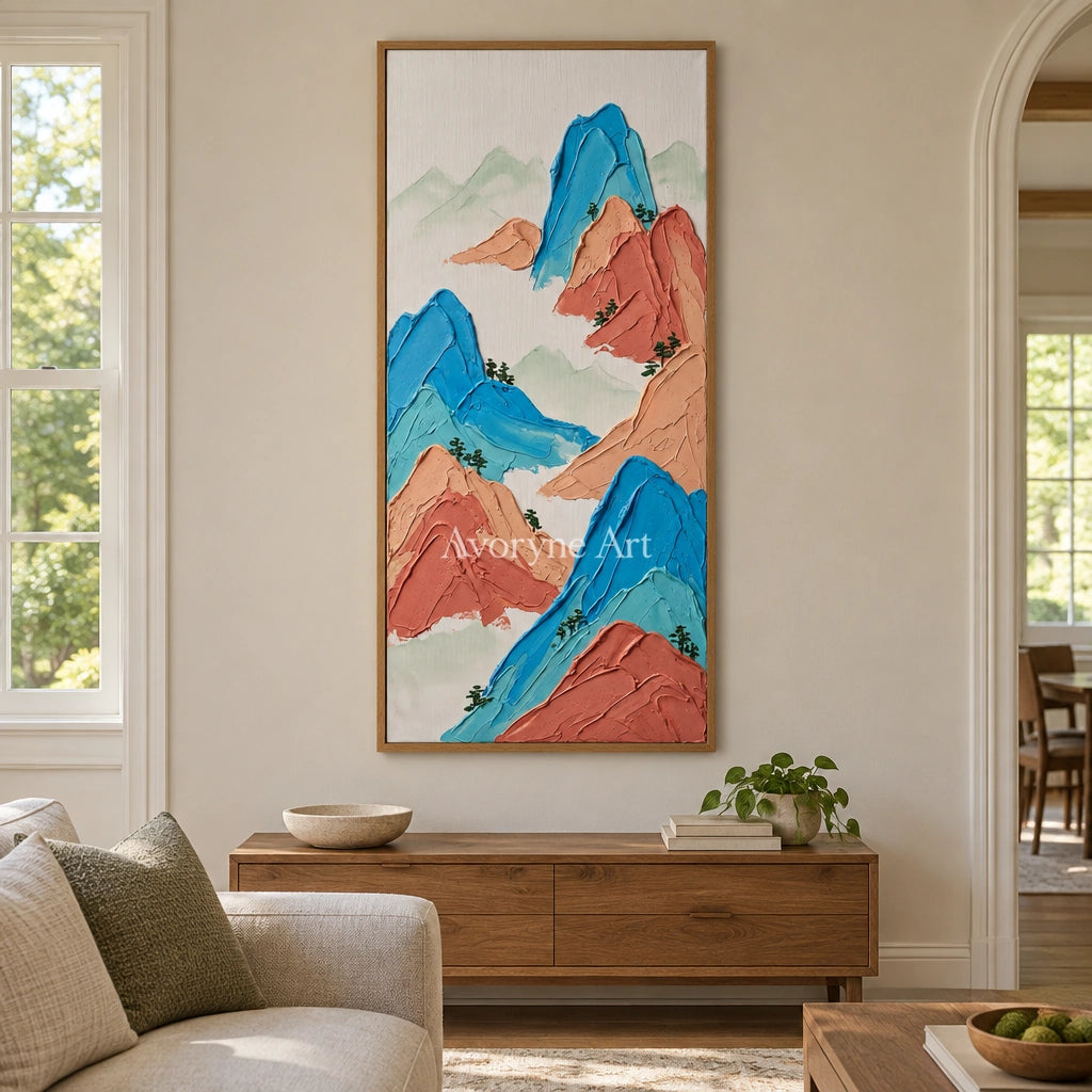 Restful Dialogue green mountain wall art with a wood frame in a villa living space