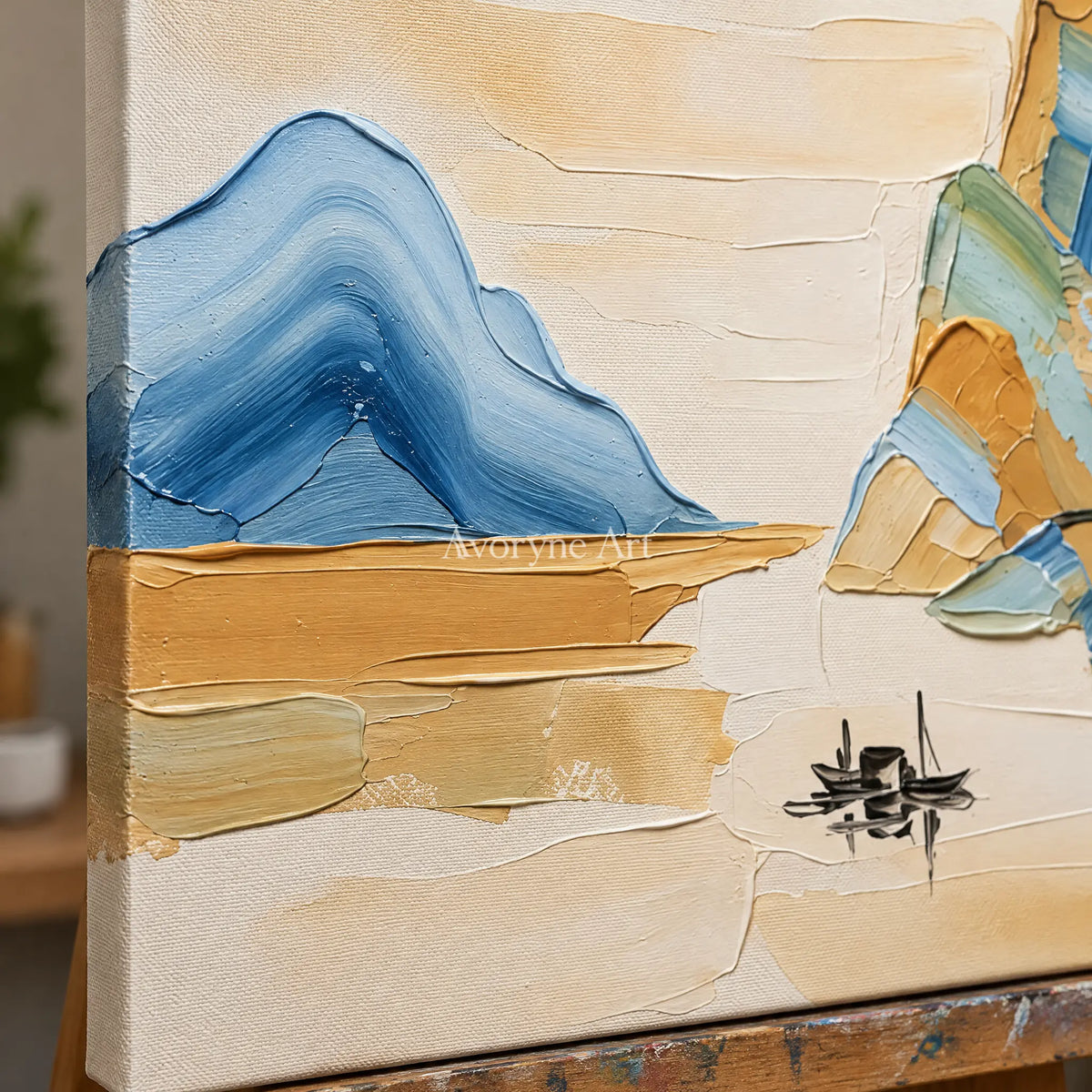 Close-up of the hand-painted texture of Faint Cadence green mountain wall art on an easel