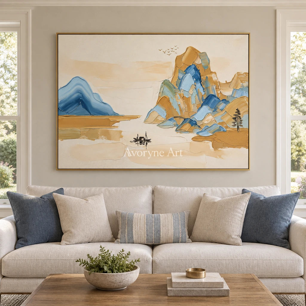 Faint Cadence green mountain wall art with a gold frame hanging in a living room