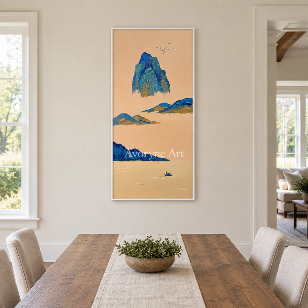 Faint Passage green mountain wall art with a white frame in a dining room