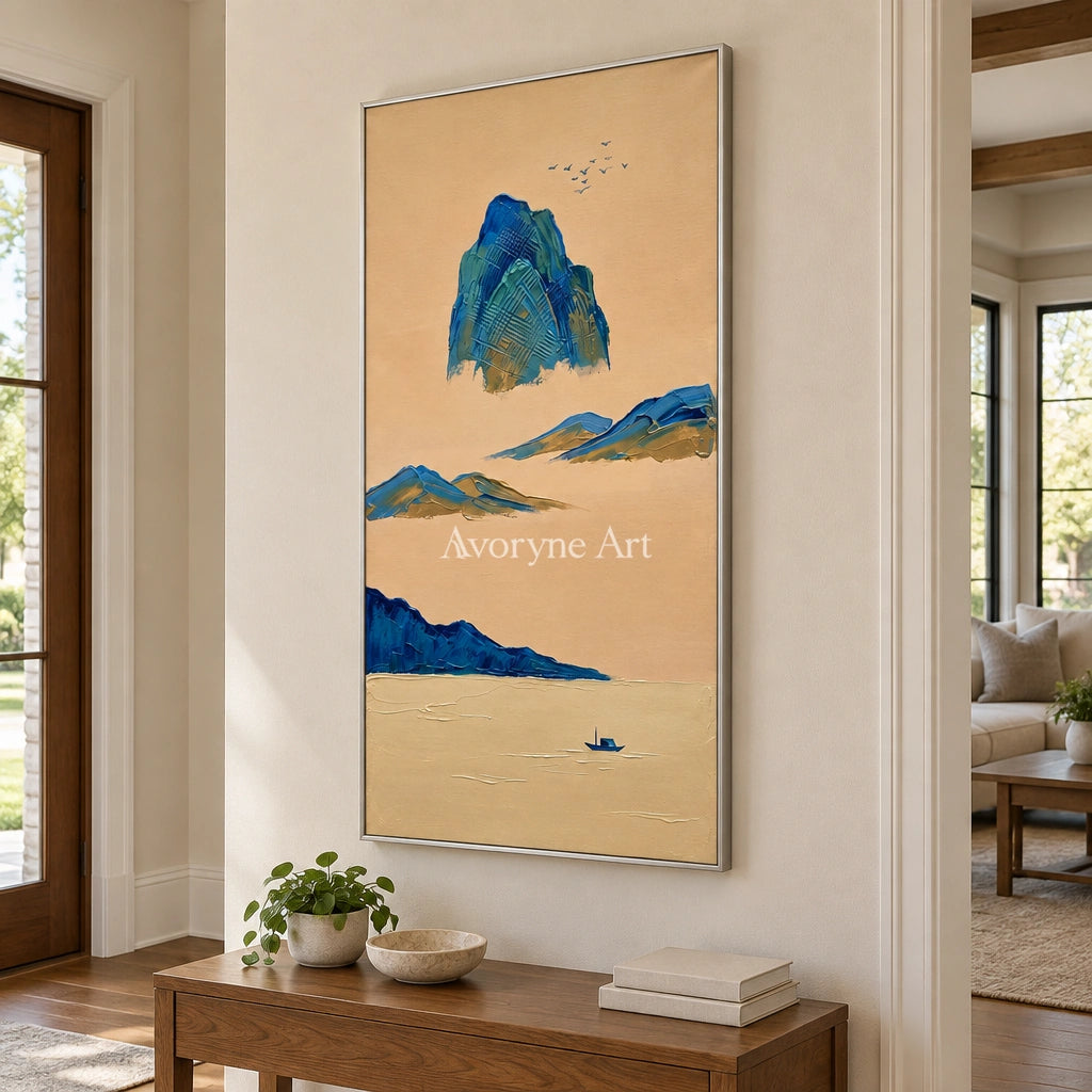 Faint Passage green mountain wall art with a silver frame in an entryway