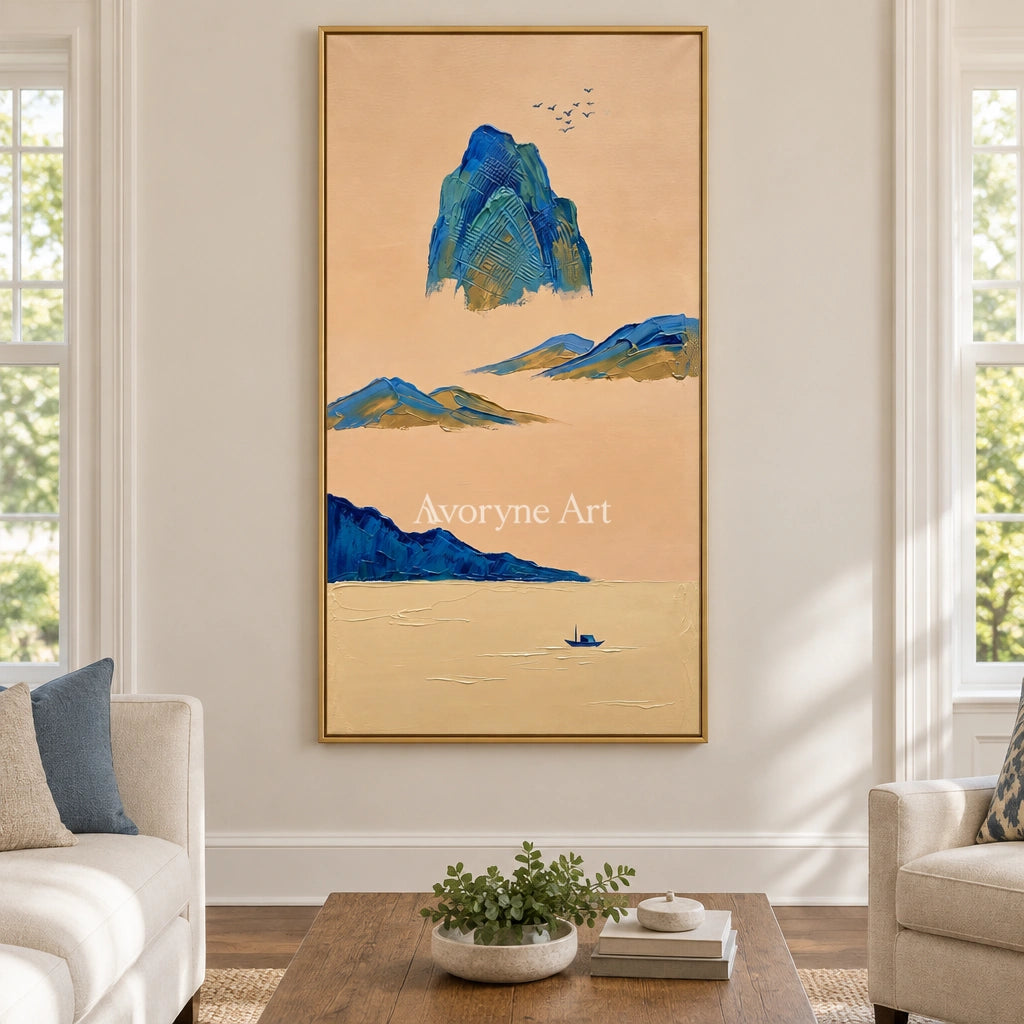 Faint Passage green mountain wall art with a gold frame hanging in a living room