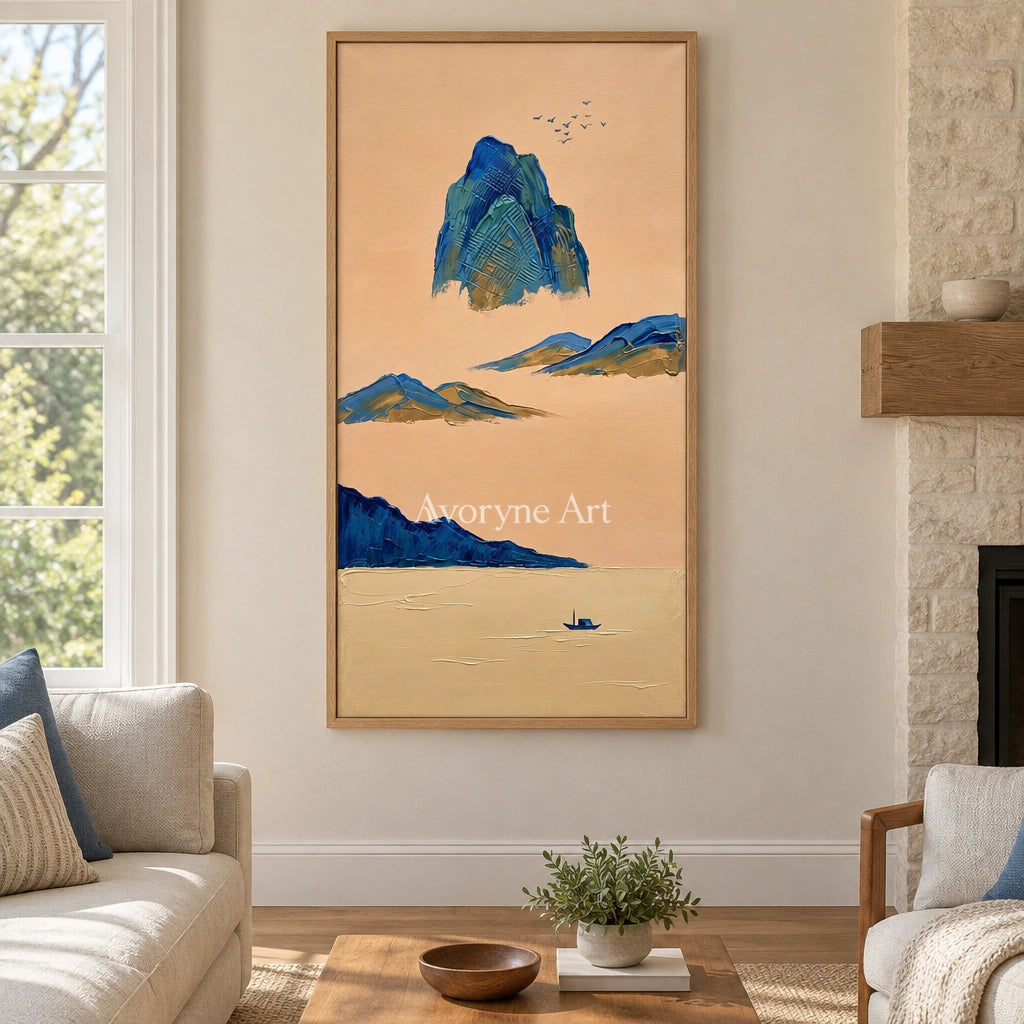 Faint Passage green mountain wall art with a wood frame in a villa living space