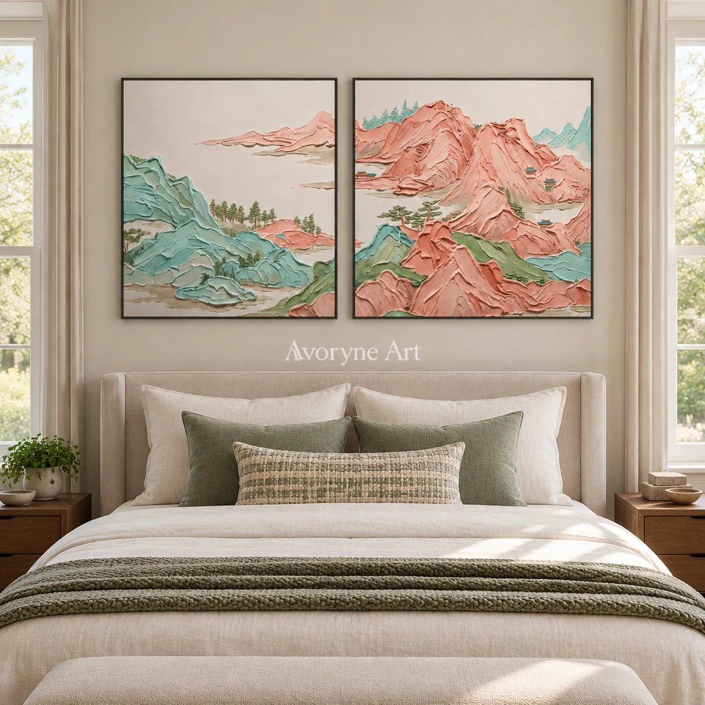 Faint Reverie green mountain diptych with a black frame above a bed in a bedroom