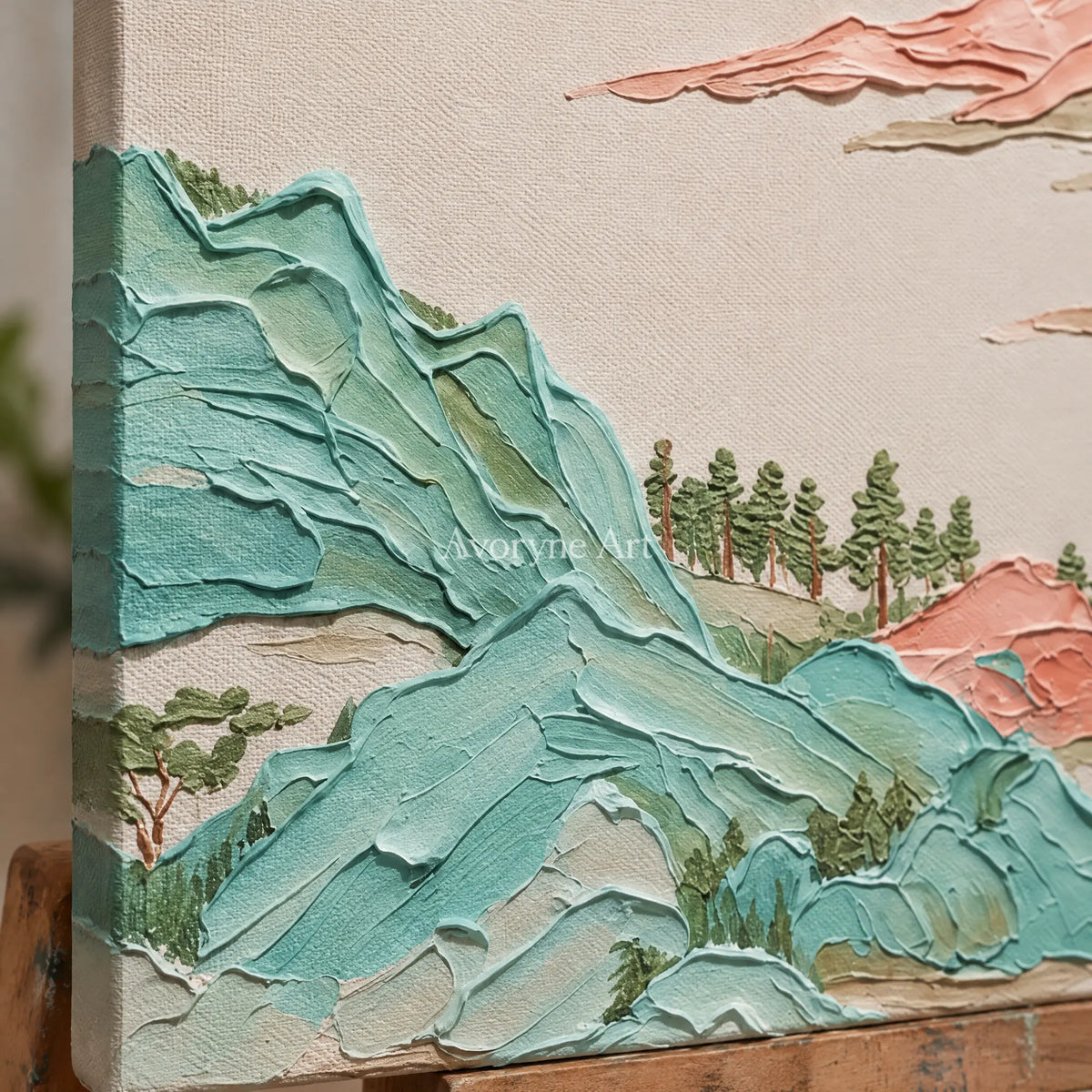Close-up of the hand-painted texture of Faint Reverie green mountain diptych on an easel