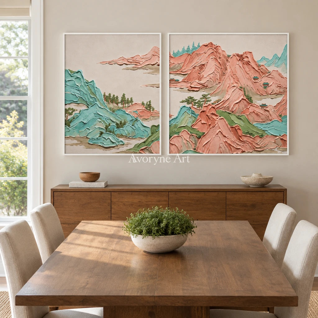 Faint Reverie green mountain diptych with a white frame in a dining room