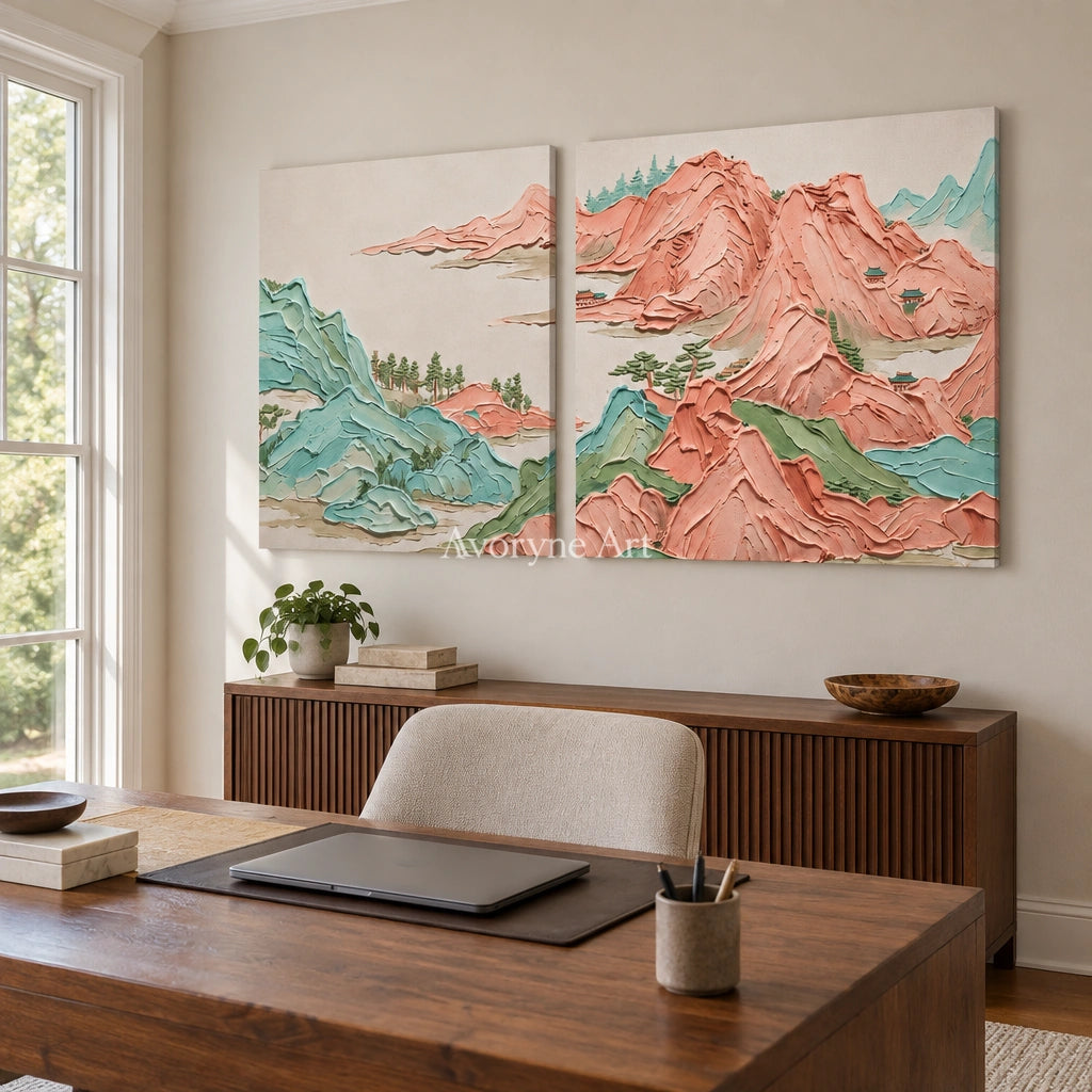 Faint Reverie green mountain diptych as a frameless stretched canvas in a home office
