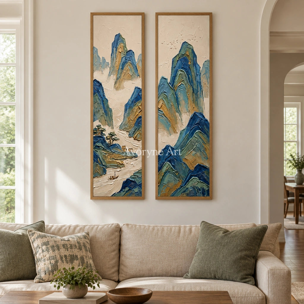 Faint Interval green mountain diptych with a wood frame in a villa living space