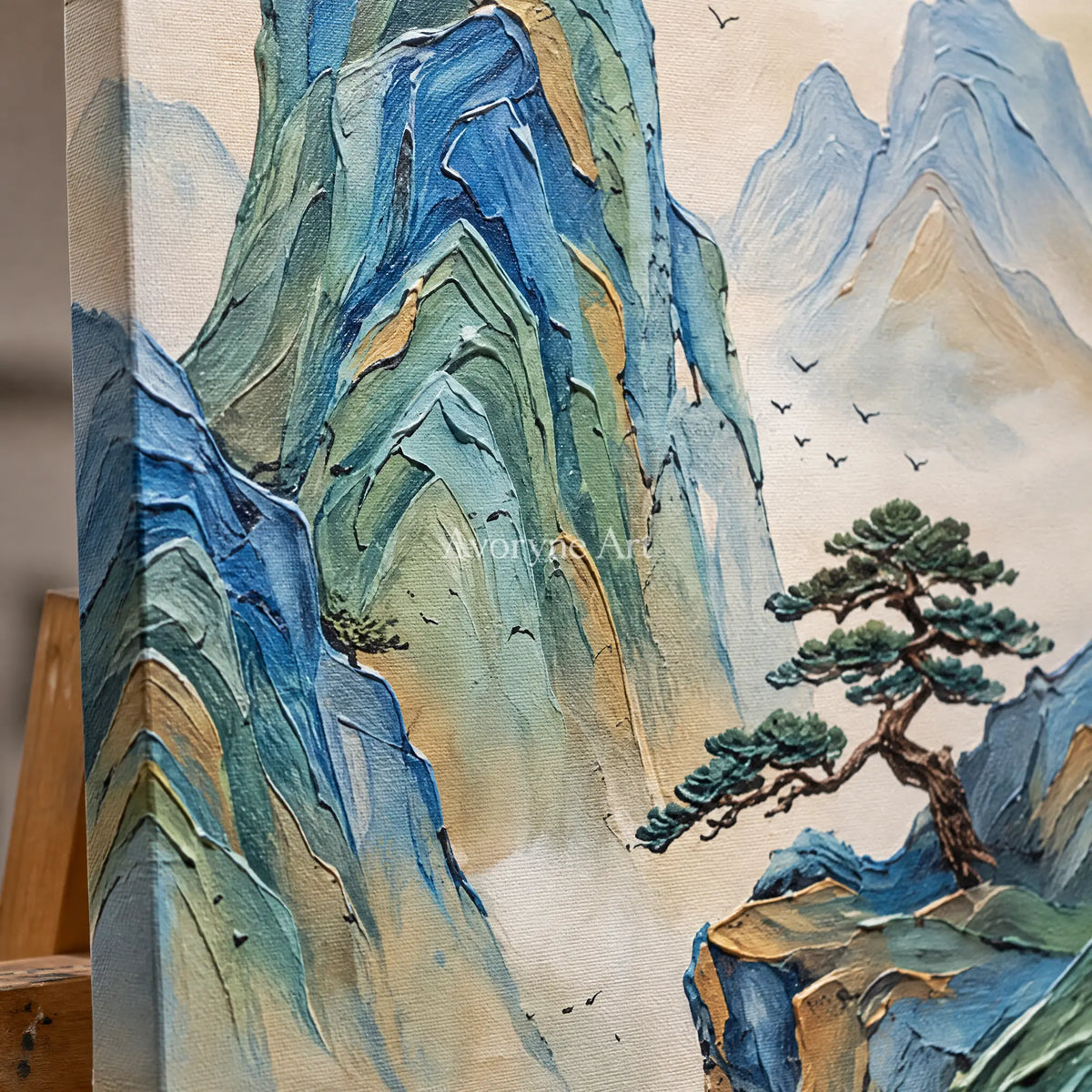 Close-up of the hand-painted texture of Faint Rhythm green mountain diptych on an easel