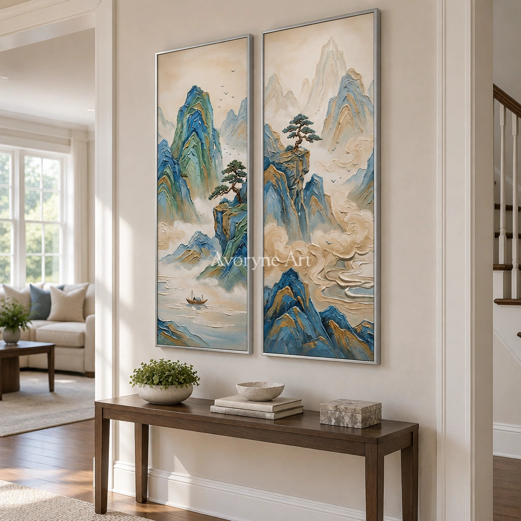Faint Rhythm green mountain diptych with a silver frame in an entryway