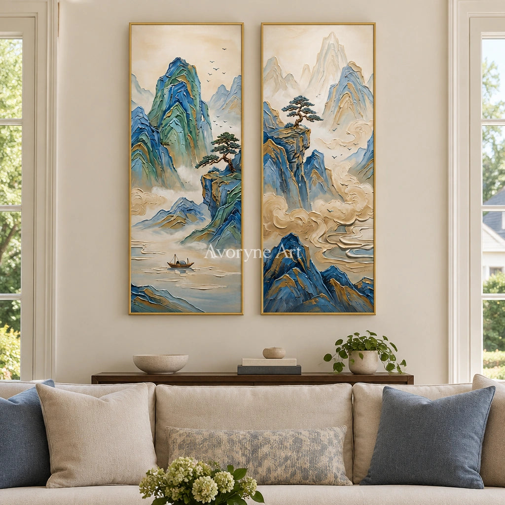 Faint Rhythm green mountain diptych with a gold frame hanging in a living room