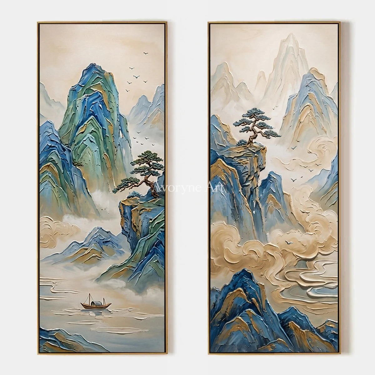Faint Rhythm, hand-painted green mountain diptych by Renji Aoki