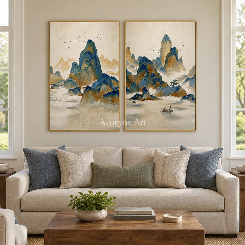 Faint Horizon green mountain diptych with a gold frame hanging in a living room