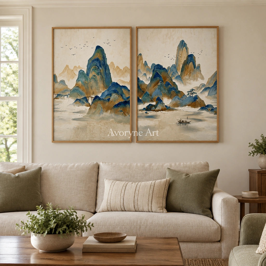 Faint Horizon green mountain diptych with a wood frame in a villa living space
