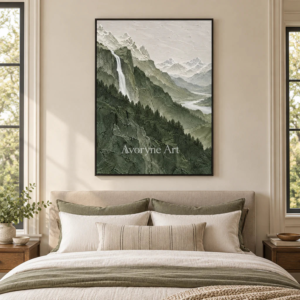 Forest Cascade: Green Mountain Landscape Wall Art — bedroom black
