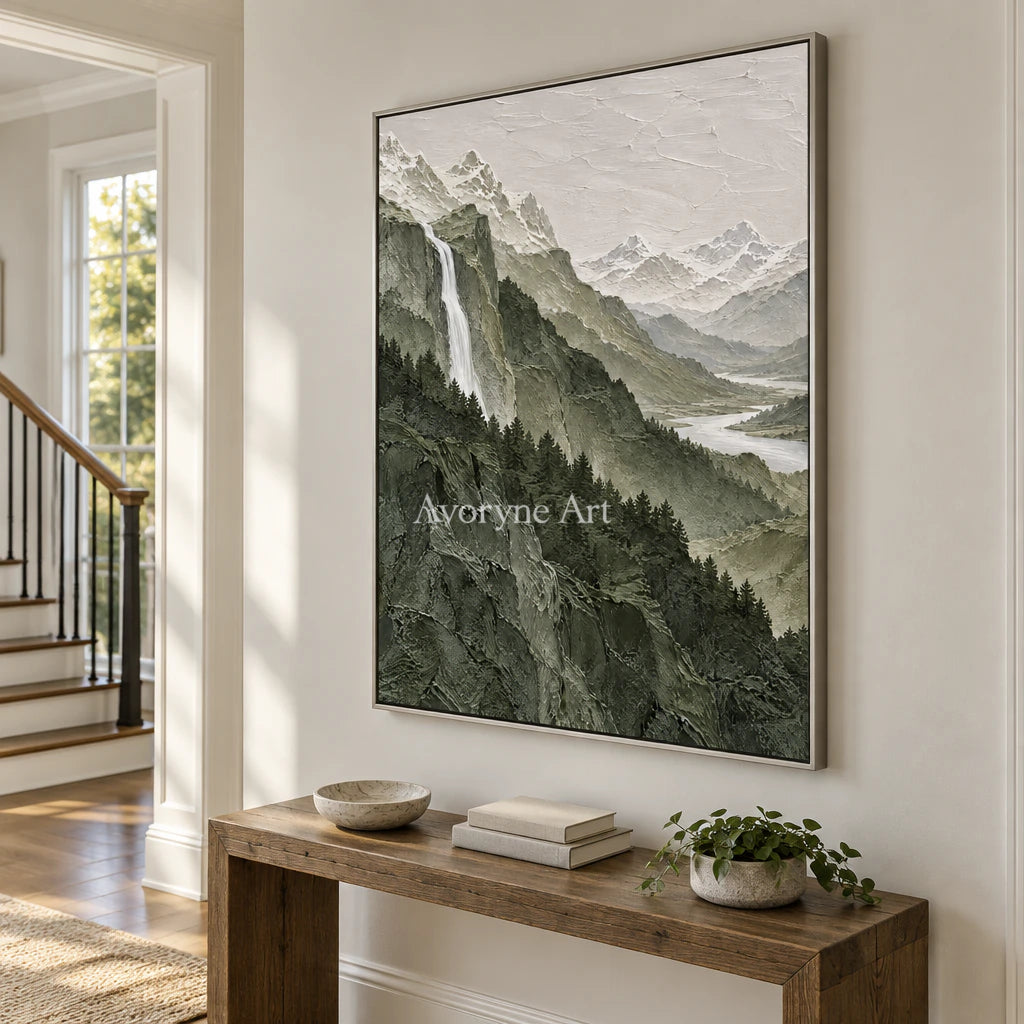 Forest Cascade: Green Mountain Landscape Wall Art — entry silver