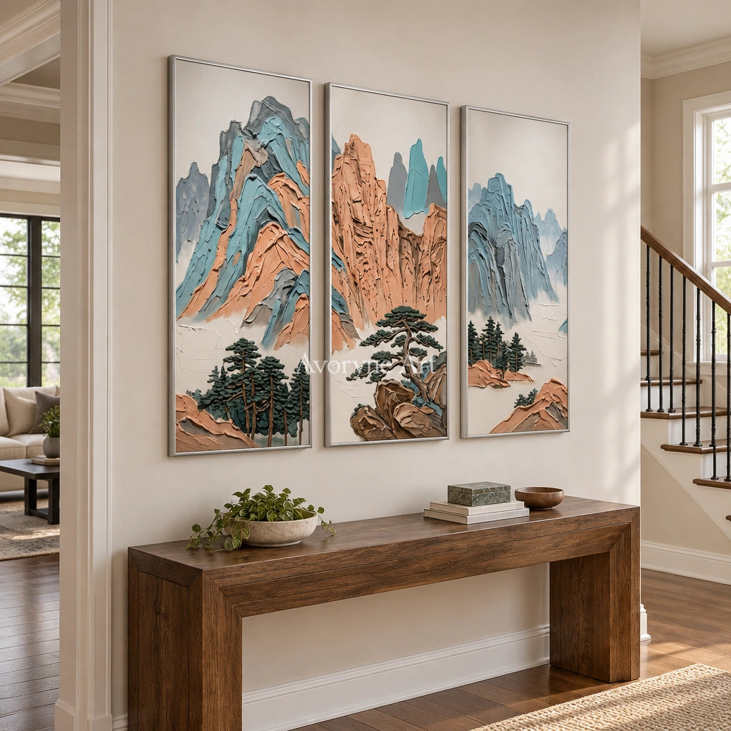 Faint Echo green mountain triptych with a silver frame in an entryway