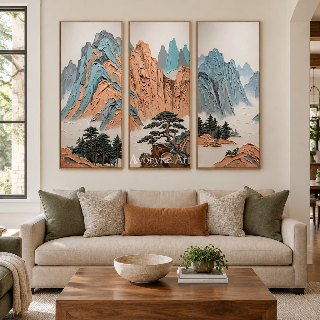 Faint Echo green mountain triptych with a wood frame in a villa living space