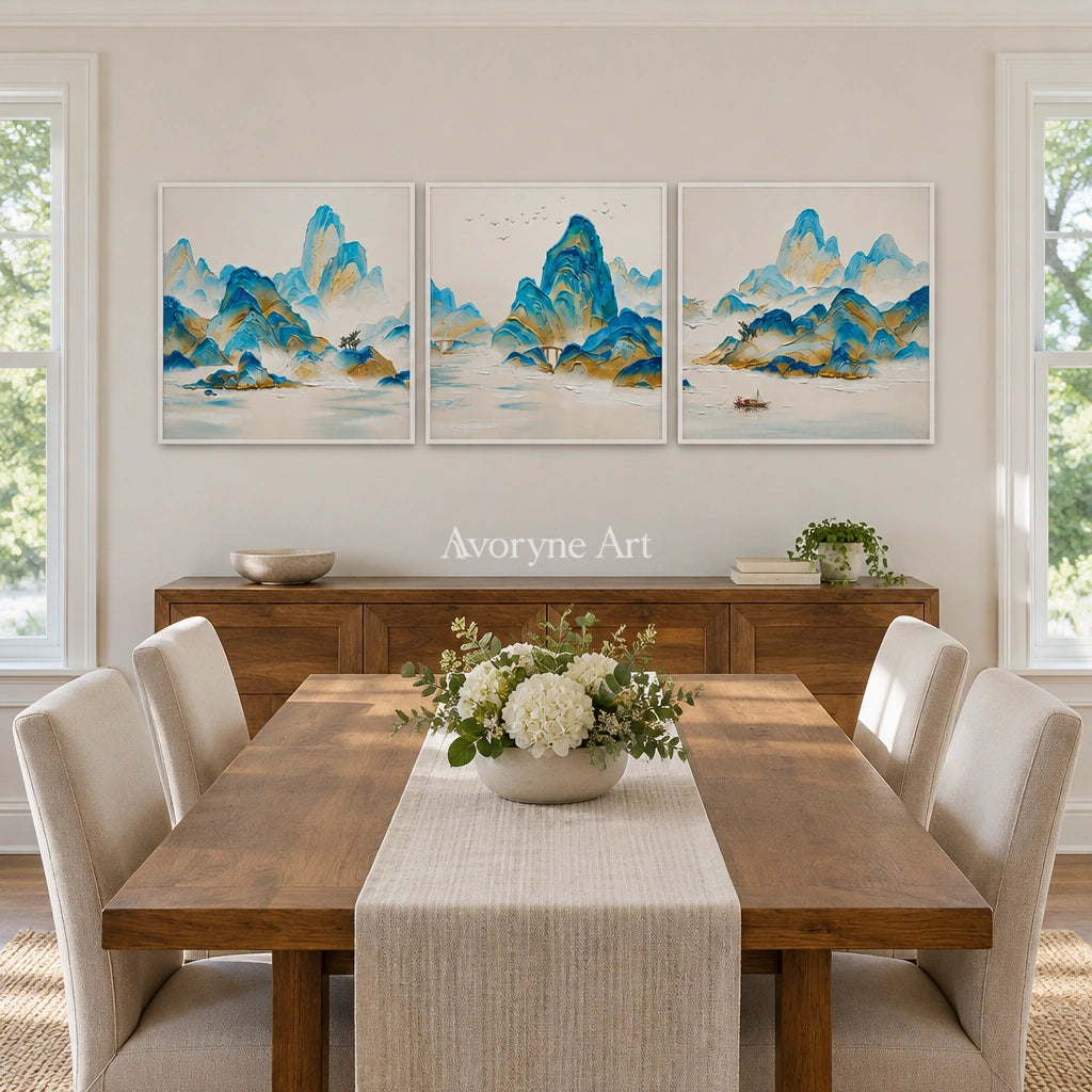Faint Gesture green mountain triptych with a white frame in a dining room